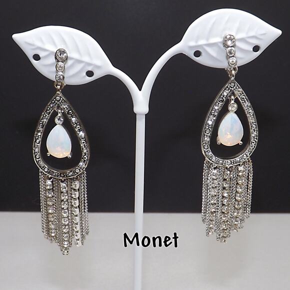 Vintage Monet Faux Opal Dangle Earrings Clear Rhinestones on Silver Tone - Picture 1 of 9